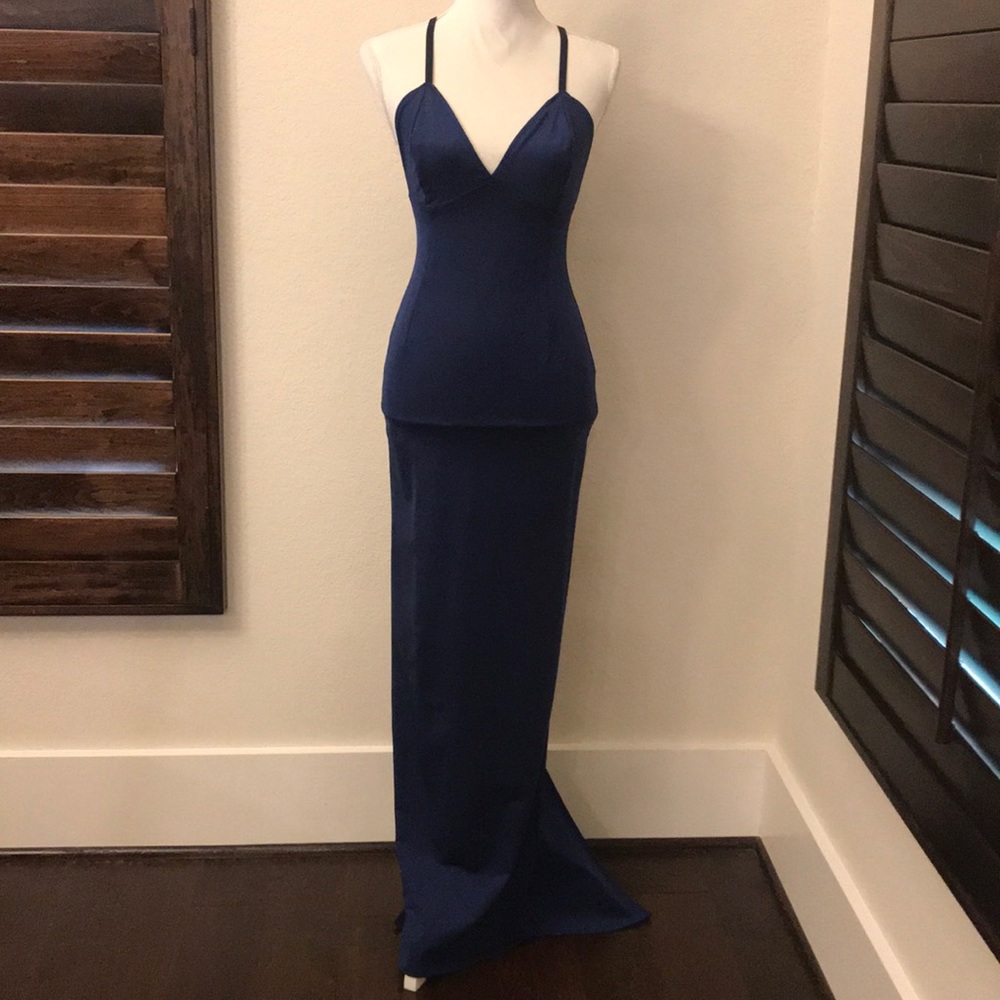 Navy blue satin floor length dress